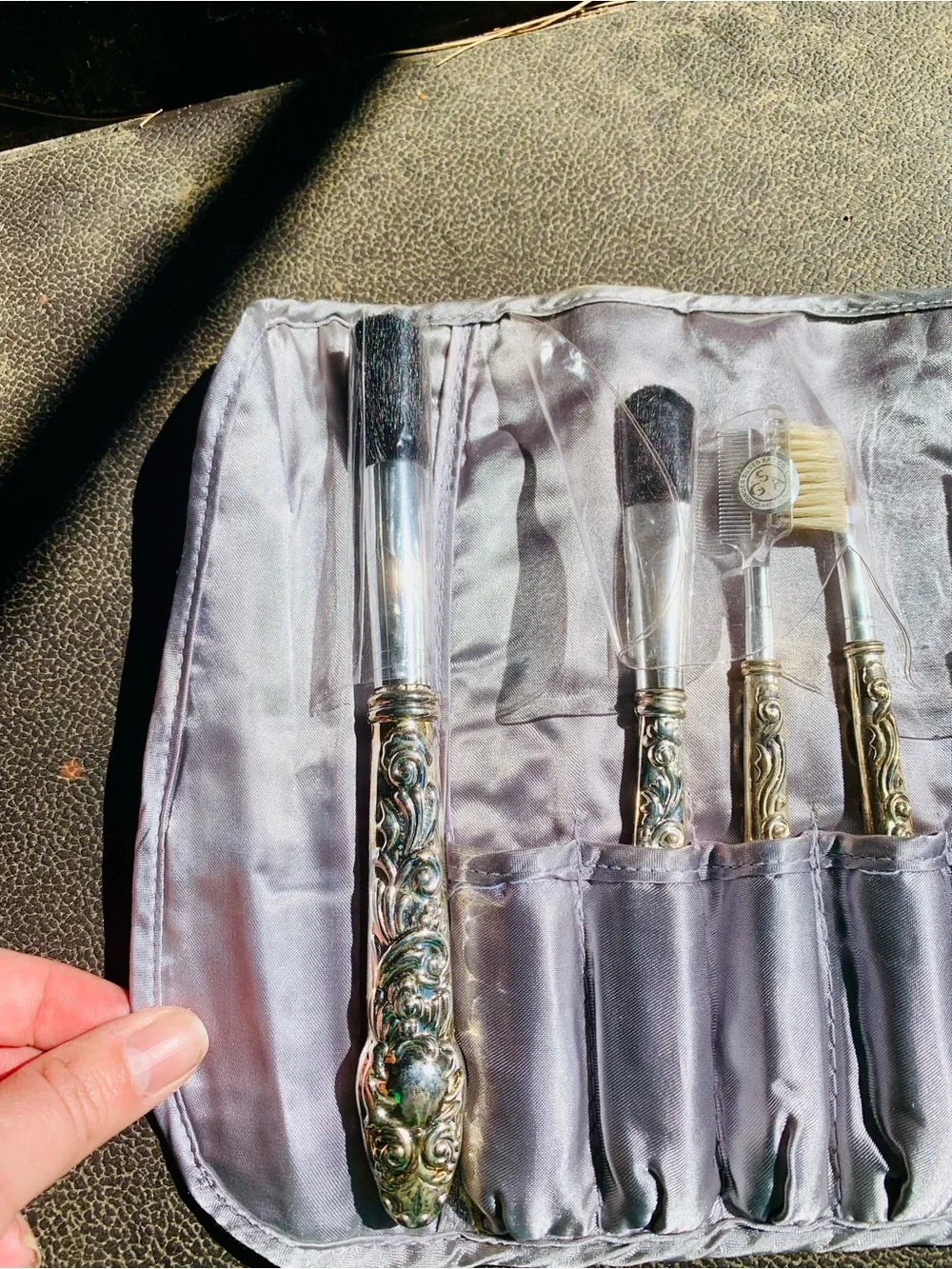 Ornate silver-Handled Makeup Brush Set in Light Gray Pouch